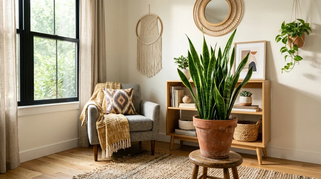 Healthy green indoor potted plants sitting by a bright window