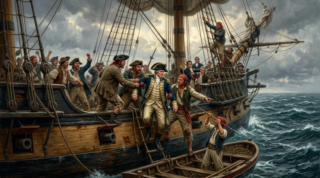 The HMS Bounty ship during the 1789 mutiny led by Fletcher Christian.