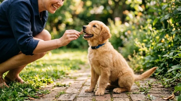 Happy puppy receiving a treat during positive reinforcement training.