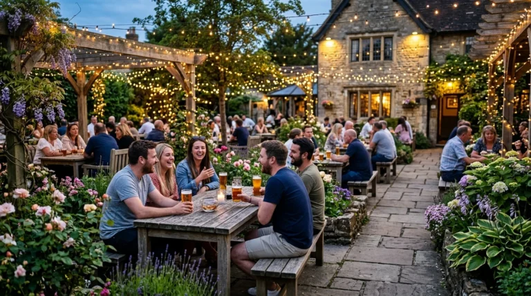 Patrons enjoying drinks in a British pub garden at dusk.