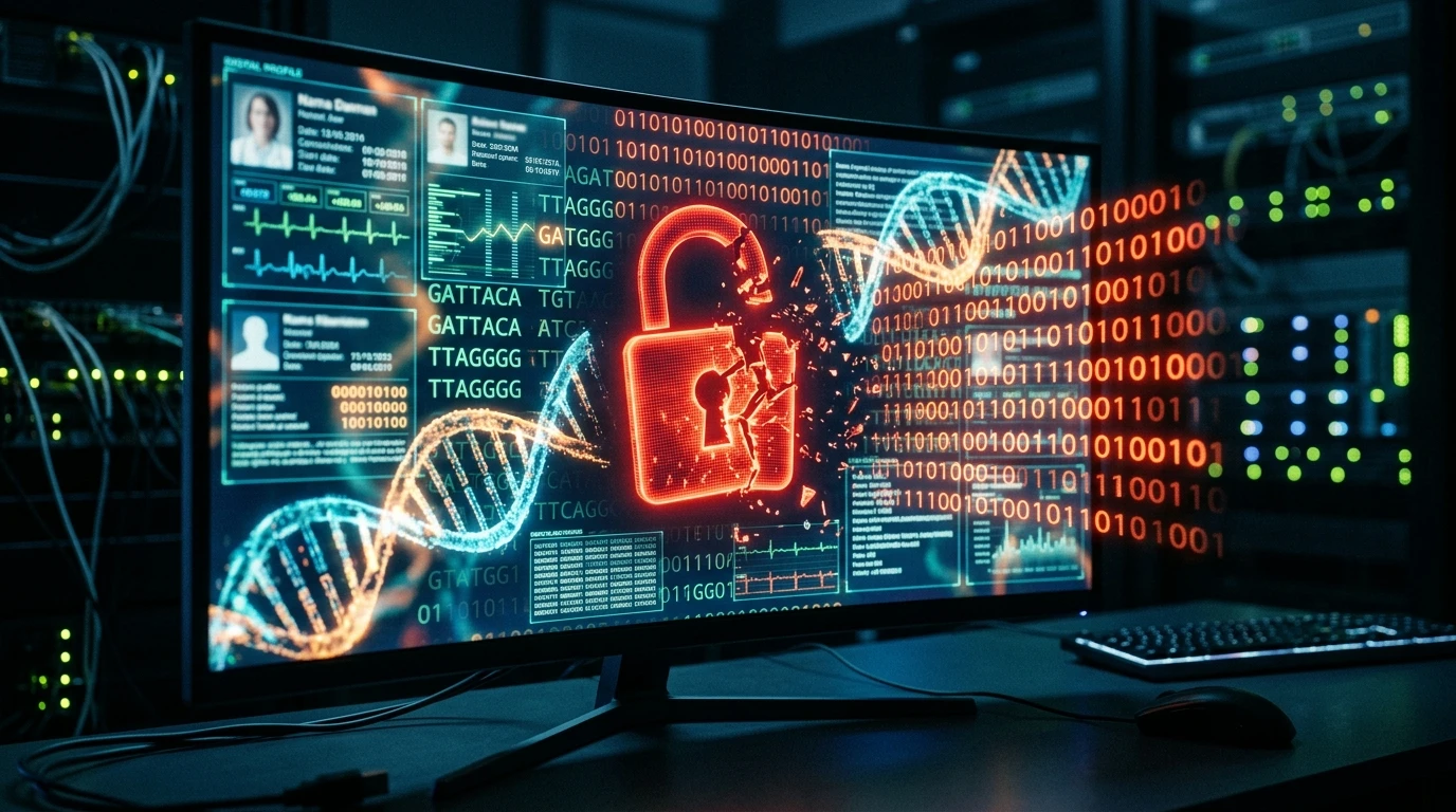 Digital display showing UK Biobank medical data security breach.