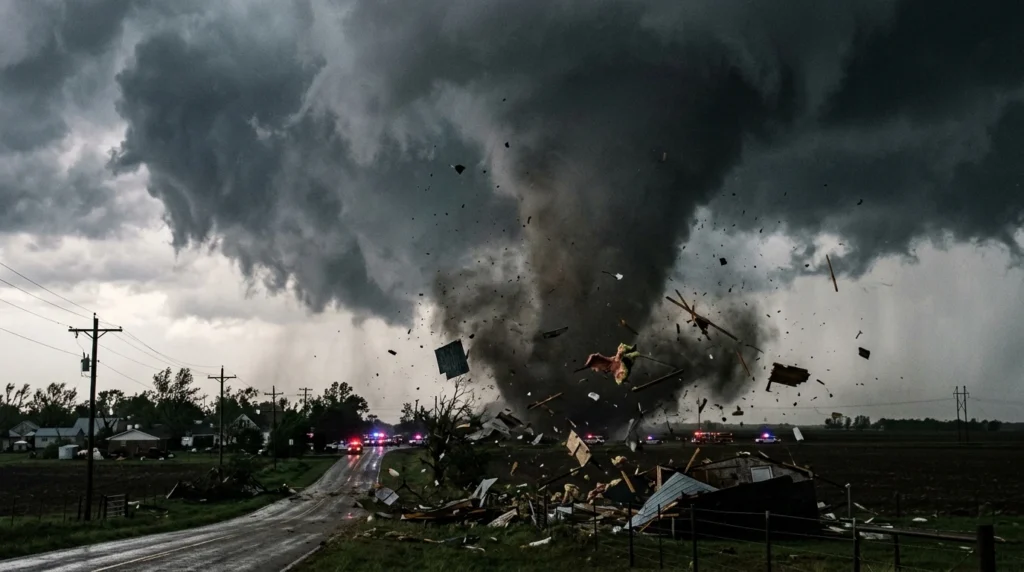 Destroyed homes and overturned soil in Enid Oklahoma after tornado.