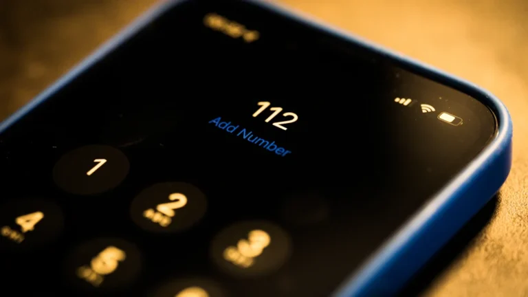 A close-up of a mobile phone screen displaying the 112 emergency number.