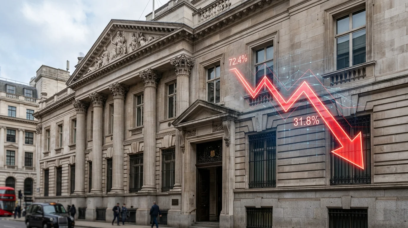 Neoclassical building in London with a red downward-trending arrow and percentage figures overlaid on the facade.