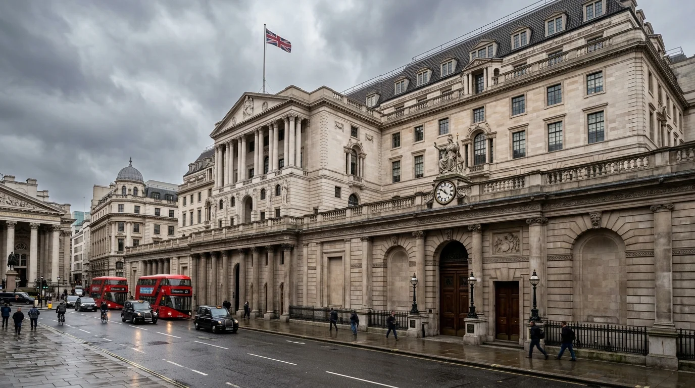 Neoclassical stone building with a Union Jack flag, red buses, and black cabs on wet streets.