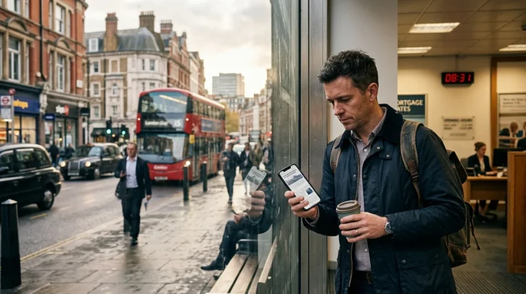 Man looks at his smartphone and holds coffee while standing on a busy London street.