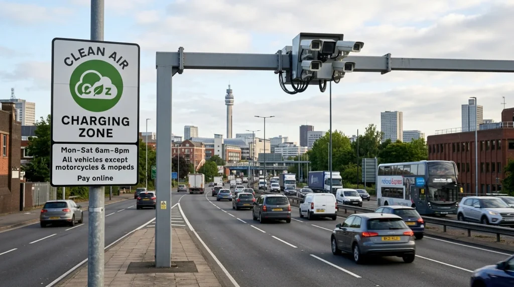 A Clean Air Zone sign and overhead cameras monitor traffic on a busy city road.