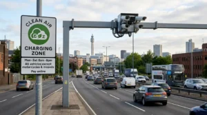 A Clean Air Zone sign and overhead cameras monitor traffic on a busy city road.