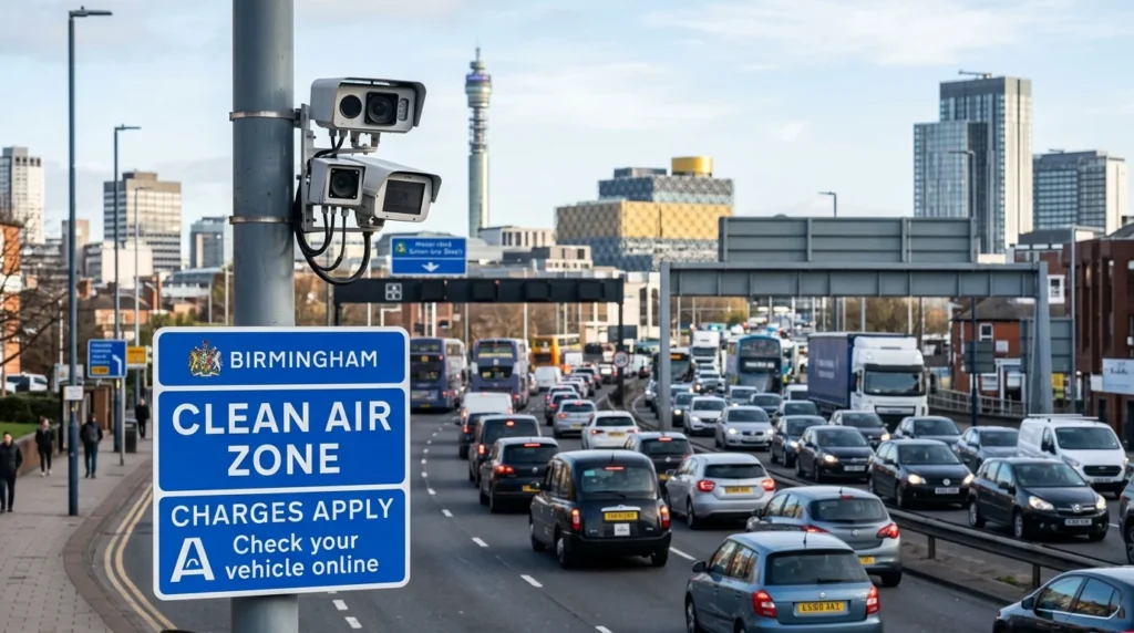 Surveillance cameras above a blue Birmingham Clean Air Zone sign overlooking a busy highway with traffic.