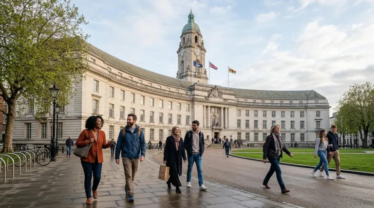 Diverse students walk in front of a grand stone building with a prominent clock tower.