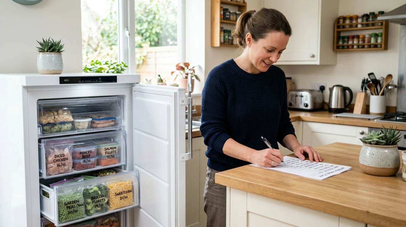 Woman writing on a kitchen counter next to an open freezer with labeled food storage.