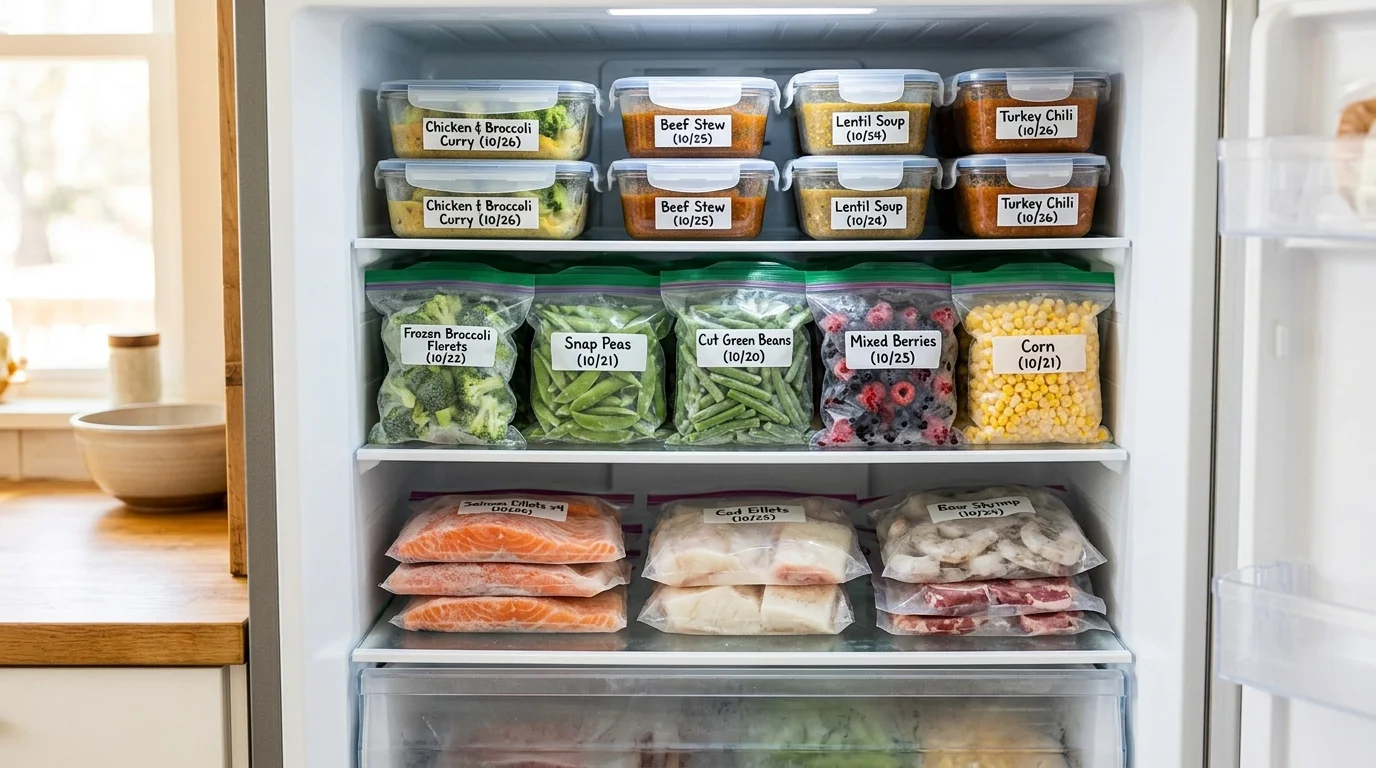 A neatly organized freezer with labeled containers and bags of prepared meals, vegetables, and seafood.