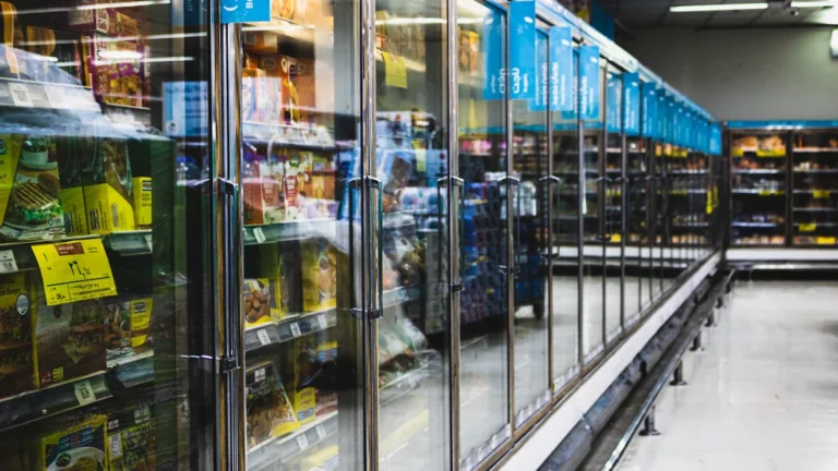 A long aisle of commercial glass-fronted freezer cabinets in a supermarket.