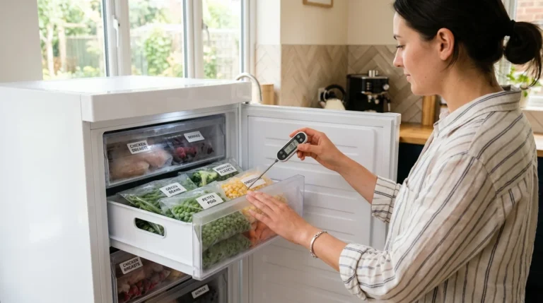 A woman using a digital thermometer to check food temperature inside an open white kitchen freezer.