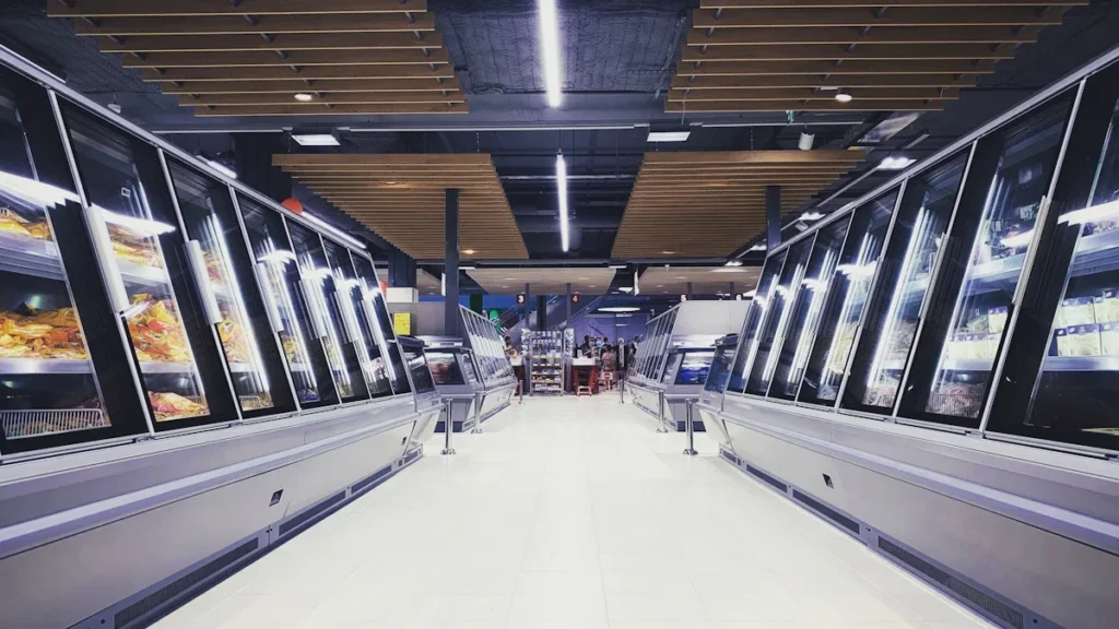 A symmetrical view of a modern, brightly lit supermarket aisle with glass-doored freezer cabinets.