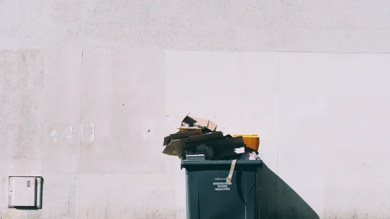 A standard black household waste bin on wheels against a white wall.