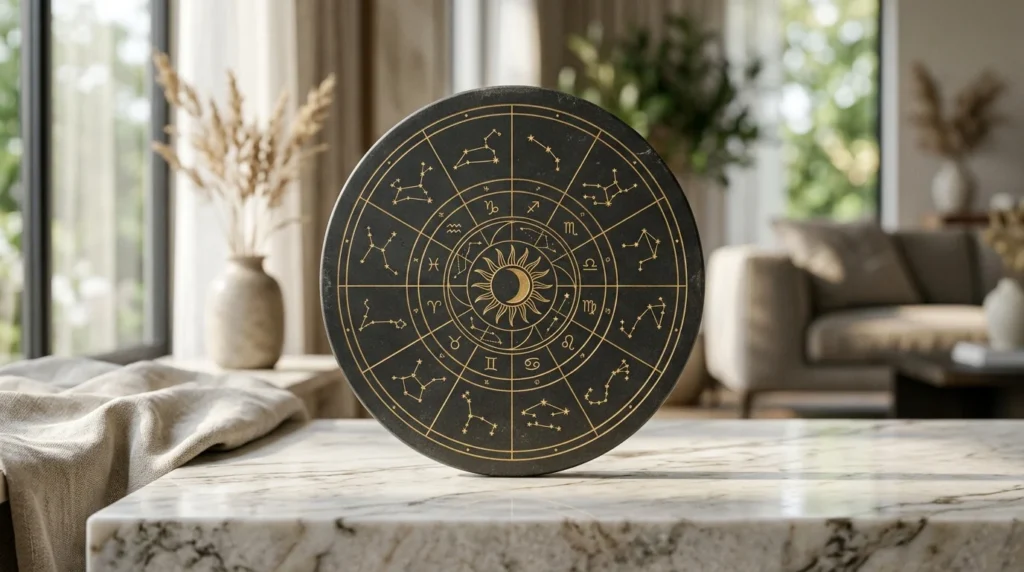 Circular black disc with gold zodiac symbols and constellations displayed on a marble surface.