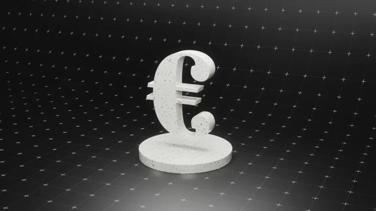 A white 3D Euro symbol standing on a podium against a dark digital grid background.