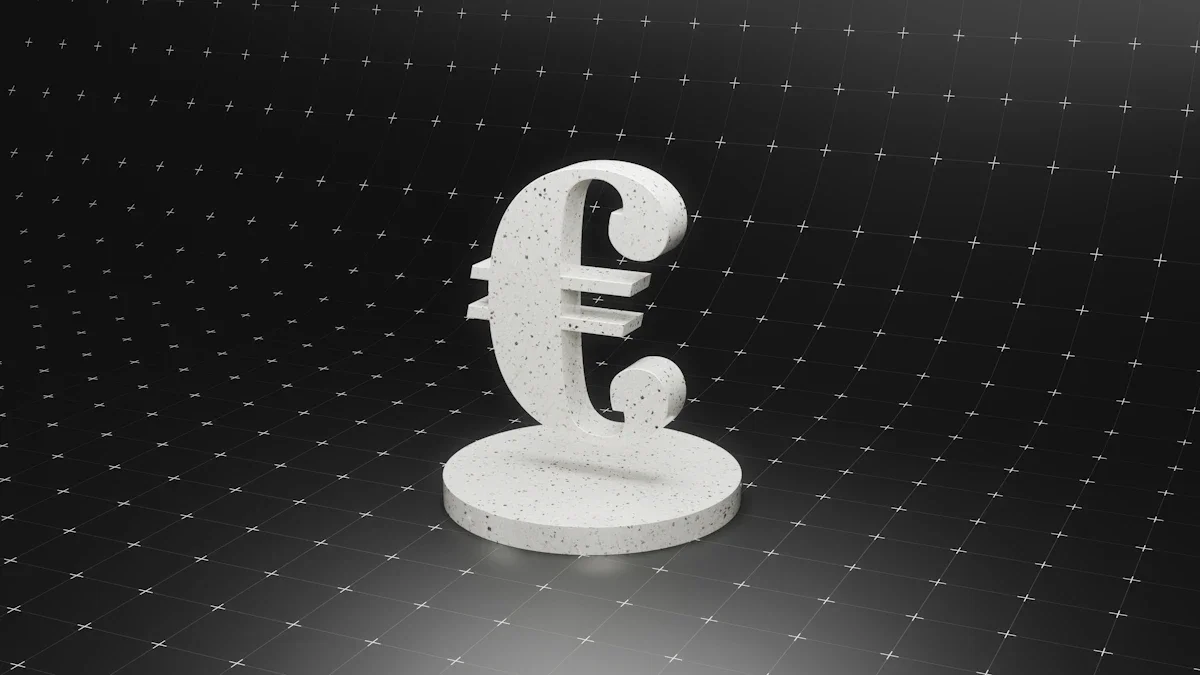 A white 3D Euro symbol standing on a podium against a dark digital grid background.