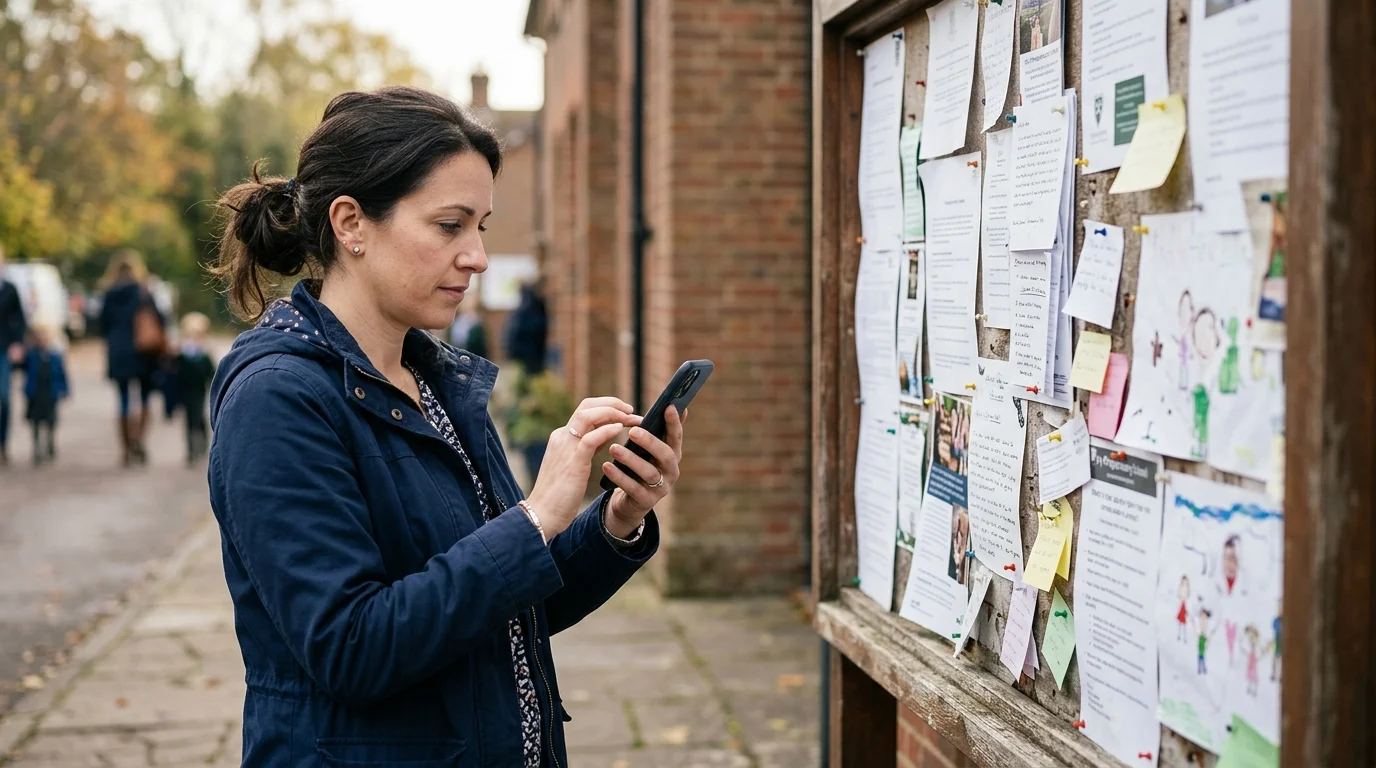 Woman in a navy jacket using her smartphone next to a wooden community noticeboard outdoors.