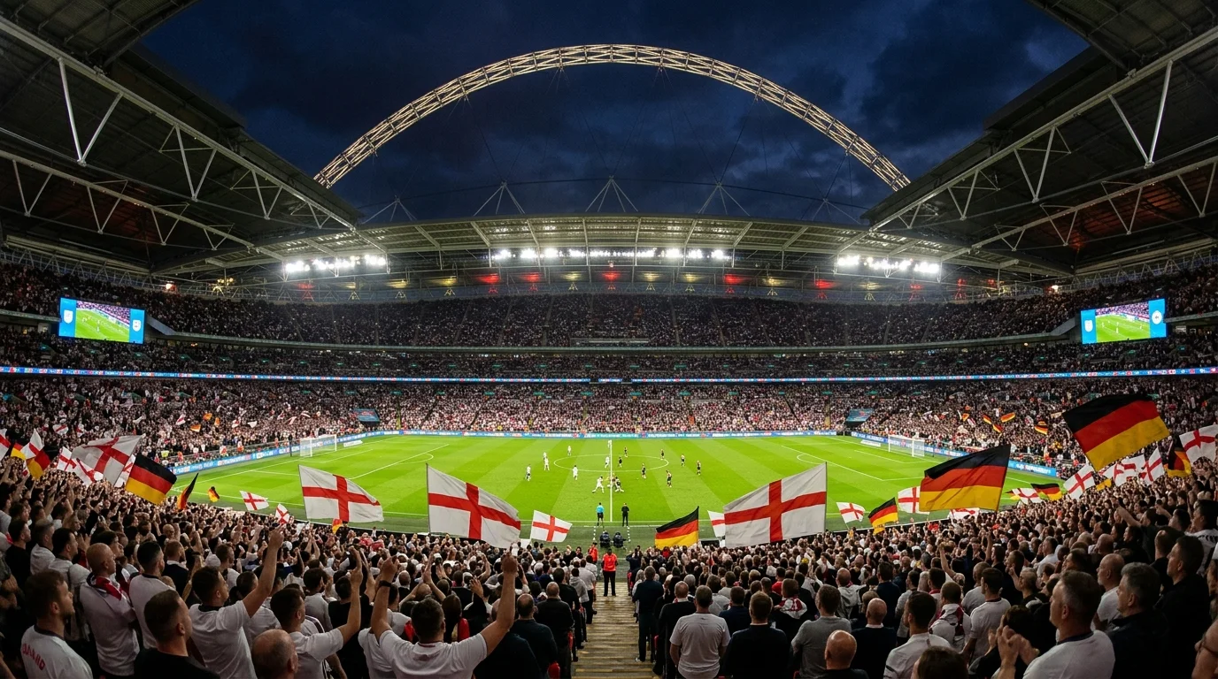 Crowded stadium at night with fans waving England and Germany flags during a football match.