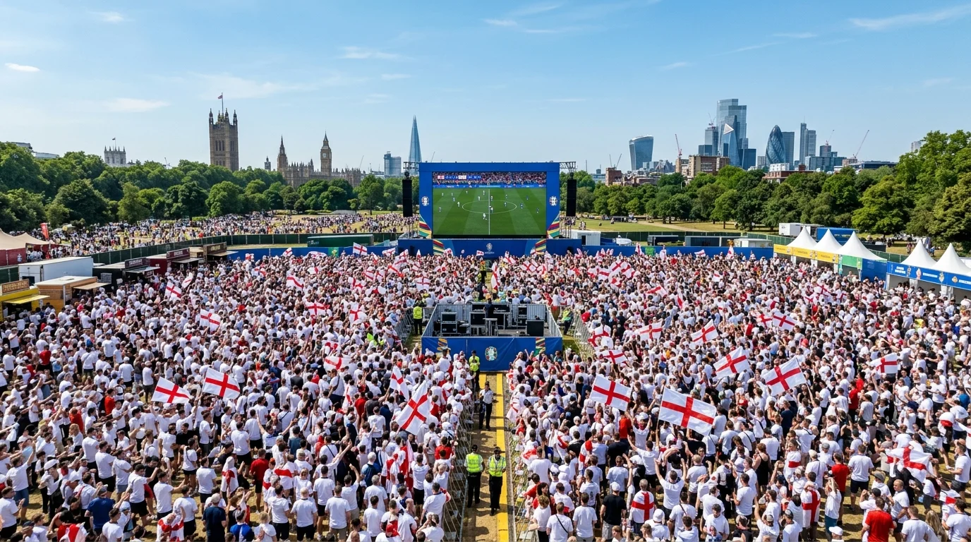 Massive crowd waving England flags watching football on a giant screen with London's skyline behind.