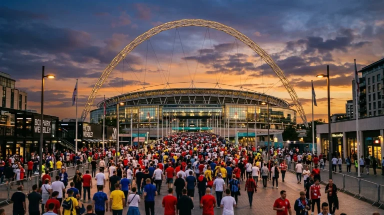 Crowds walking toward the illuminated Wembley Stadium arch during a vibrant sunset in London.