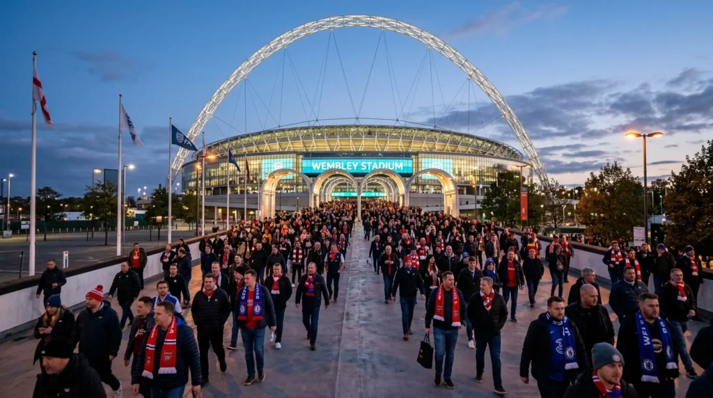 Crowd of football fans walking toward the camera outside illuminated Wembley Stadium during twilight.