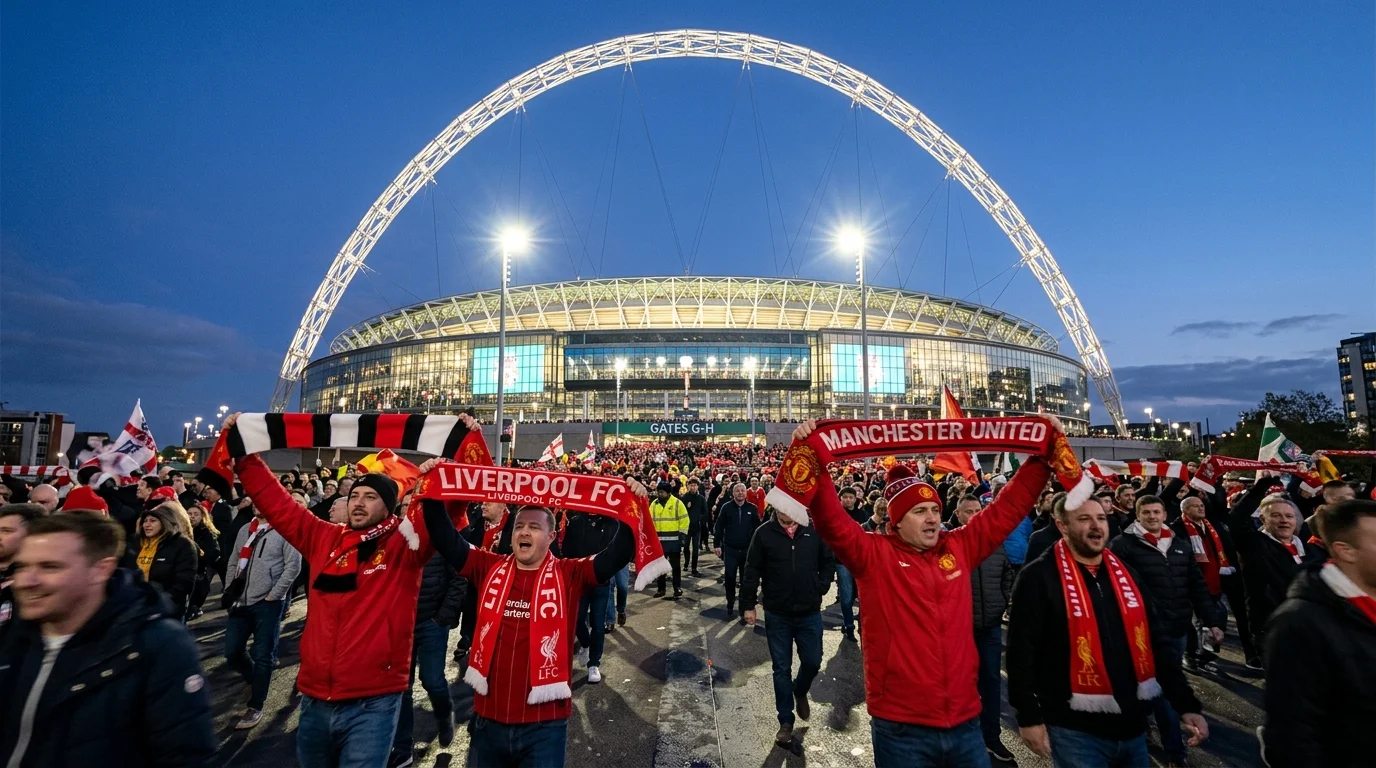 Fans holding Liverpool and Manchester United scarves in front of the illuminated Wembley Stadium arch.