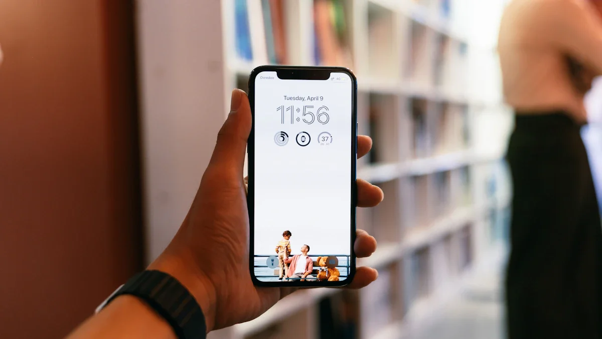 A hand holding a smartphone in front of blurred bookshelves in a library or school setting.