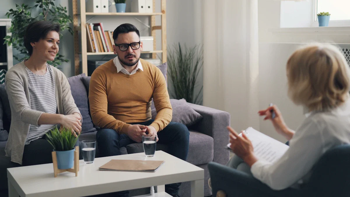 A man and woman participating in a professional family counseling session in a bright, modern office.
