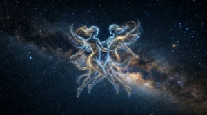 Two ethereal figures formed from stardust floating in a starry night sky representing Gemini constellation.