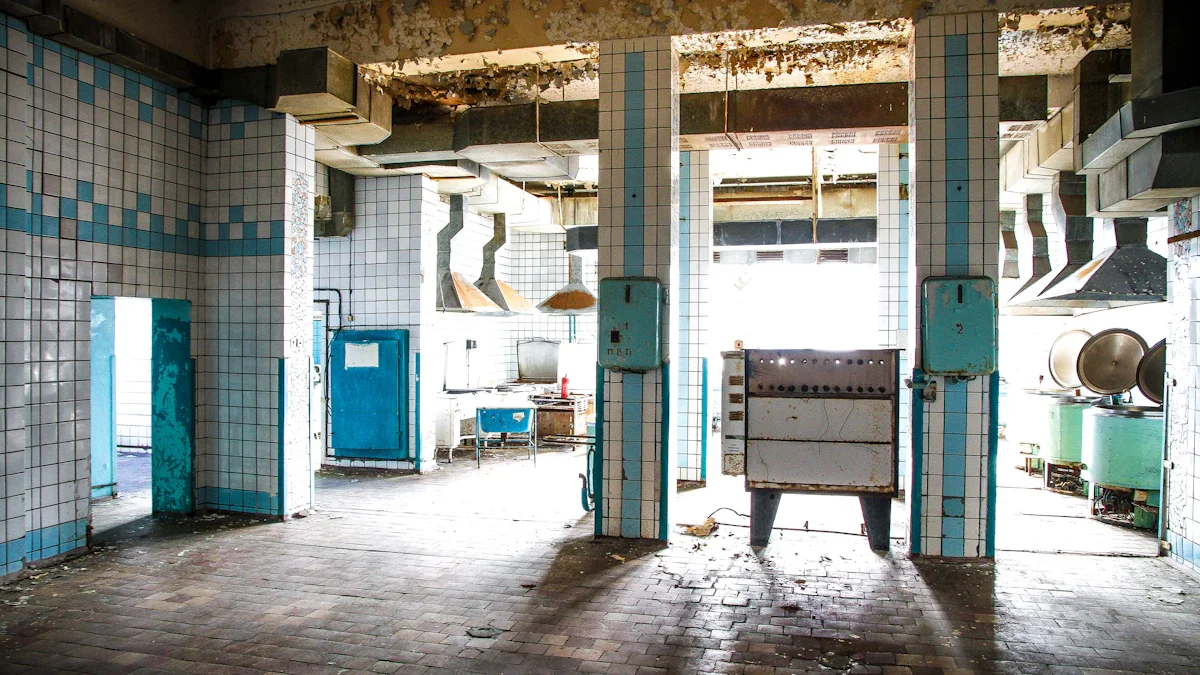 An abandoned and dirty commercial kitchen with peeling paint, old tiles, and industrial ventilation hoods.