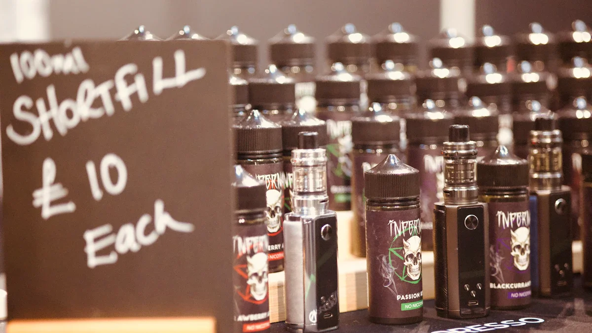 Rows of vape liquid bottles and electronic cigarette kits with a price sign in British Pounds.