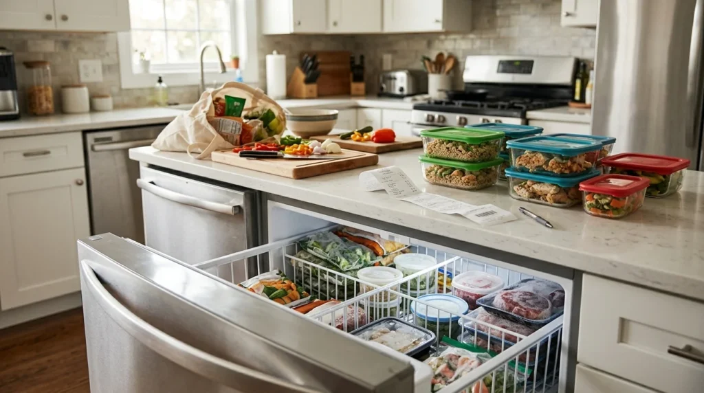 Open freezer drawer stocked with food next to meal prep containers on a white kitchen island.