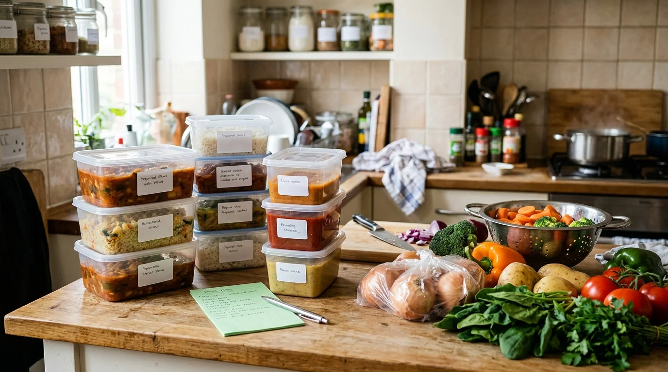 Labeled plastic containers of prepared food sit on a counter with fresh vegetables and a notepad.