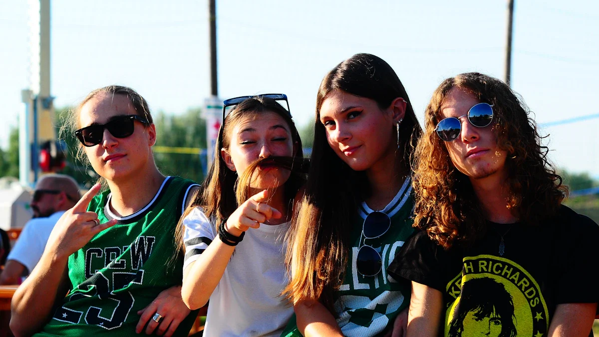 A group of young sports fans gathered outdoors at a public event.