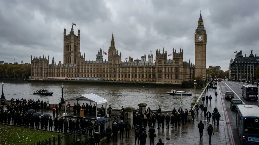 The Palace of Westminster and Big Ben overlooking a crowd gathered by the River Thames.
