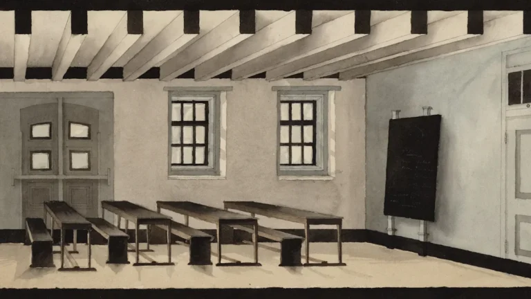 A wide view of an empty primary school classroom with traditional wooden desks and large windows.