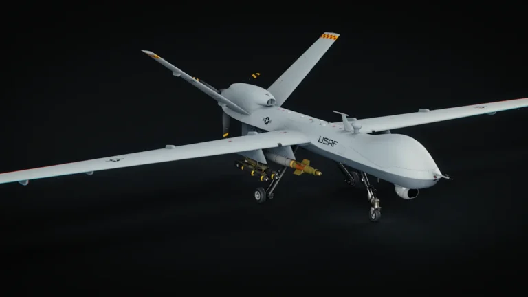 A white military-style drone with long wings and surveillance sensors against a dark, minimalist background.