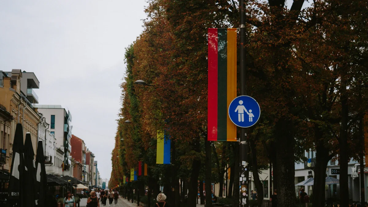 A paved street in Lithuania with autumn trees, a pedestrian traffic sign, and a Lithuanian flag.