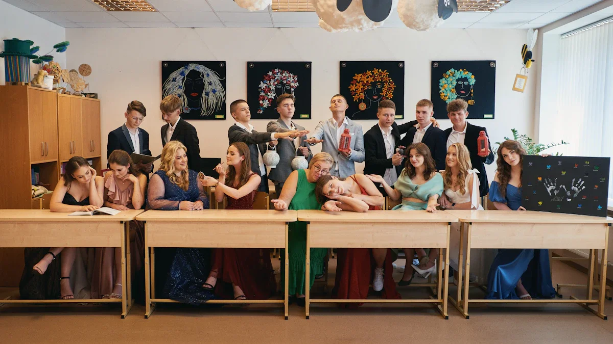 A group of students sitting at school desks in a classroom setting in Vilnius, Lithuania.