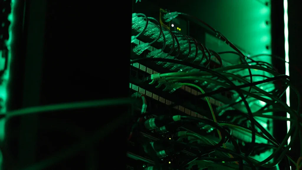 A close-up of high-density network cables glowing green in a server rack, symbolizing a complex digital network or botnet infrastructure.