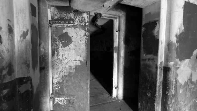 The dark, decaying interior of an abandoned concrete bunker with a heavy rusted iron door left ajar.