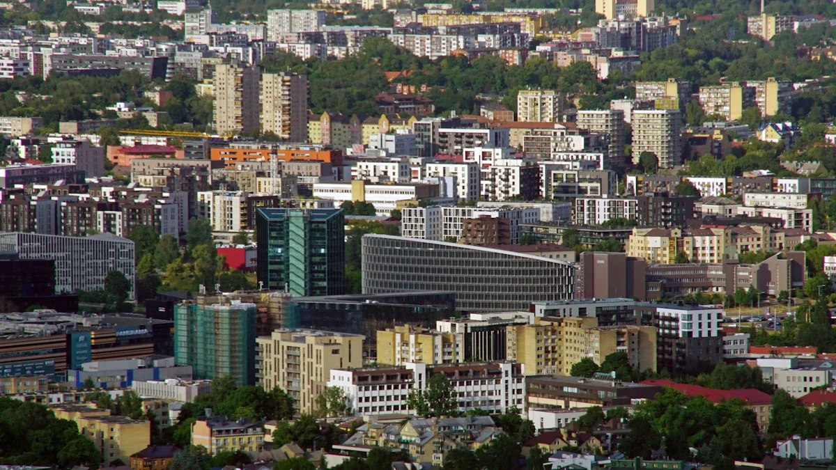 A panoramic aerial view of modern skyscrapers and urban development in Vilnius, Lithuania.