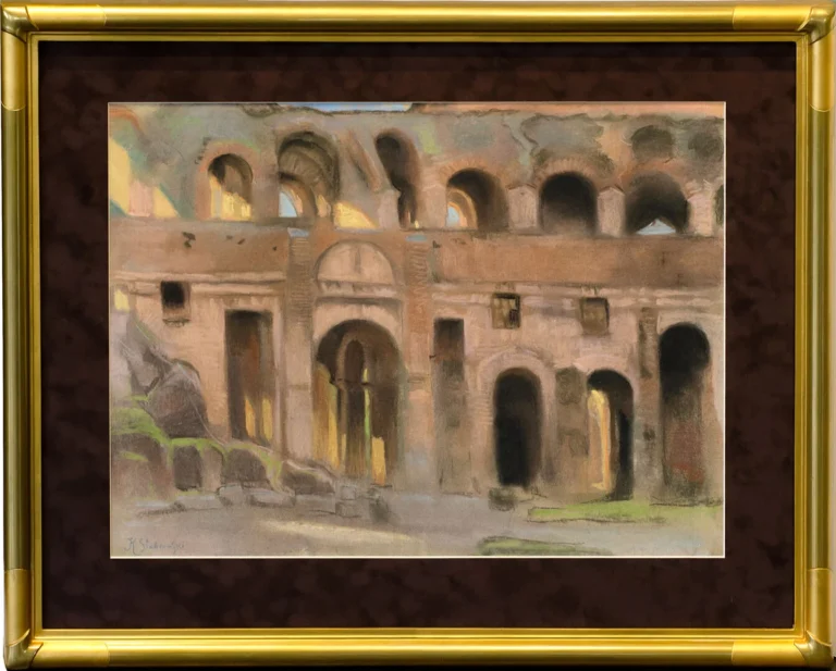 Impressionist pastel drawing of ancient stone arches and ruins displayed in a gold picture frame.