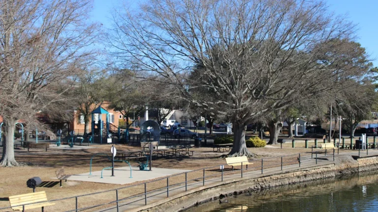 A tranquil lakeside promenade featuring a paved walkway, benches, and trees under a bright blue sky.