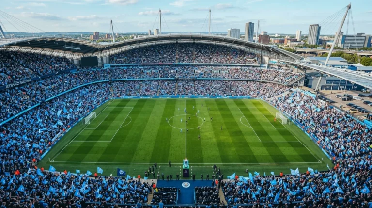 Wide shot of a packed Etihad Stadium with fans waving blue flags during a football match.