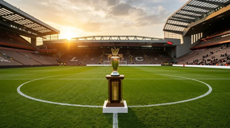 Gold trophy on a pedestal in the center circle of a large stadium at sunset.
