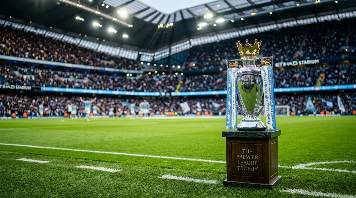 Silver Premier League trophy on a pedestal inside a crowded football stadium at night.